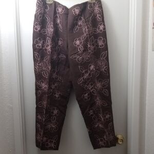 Brown Floral Embroidered Pants
